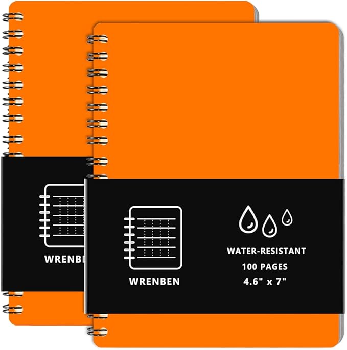 2PCS Waterproof Spiral Notebooks with Stone Paper and Hard Cover, 100 Pages Per Weatherproof Notepad A6 for Outdoor Field, Grid Pattern (4.8"x7", Orange)