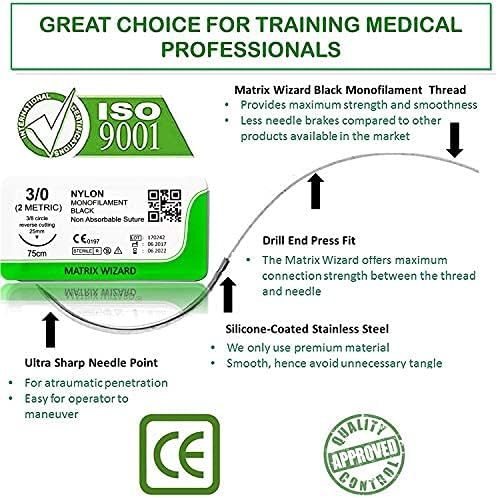 3-0 Sterile Sutures Thread with Needle (Black Monofilament) - Medical and Nursing Student's Surgical Practice Suture Kit, Training with Stitching Pad, First Aid Field Emergency Demo, Vet Use