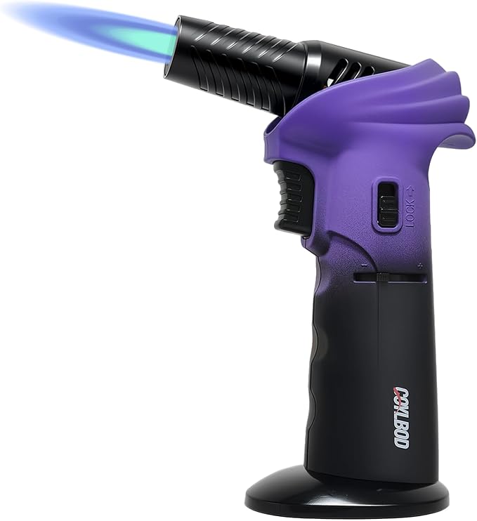 Butane Torch Lighter, 0-90°Rotating Angle Butane Lighter, Refillable Kitchen Torch with Safety Lock, Adjustable Flame for Soldering (Purple and Black)