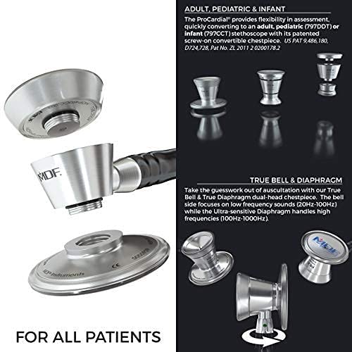 MDF Instruments, ProCardial Cardiology Stethoscope, Stainless Steel, Adult, Dual Head, White Tube, PerlaNoire Chestpiece-Headset, MDF797PN29