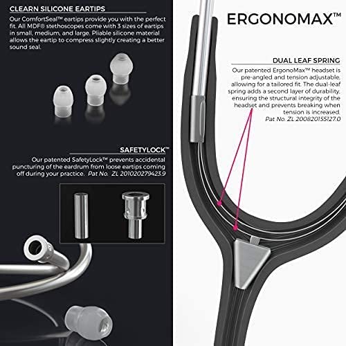 MDF Instruments, ProCardial Cardiology Stethoscope, Stainless Steel, Adult, Dual Head, White Tube, PerlaNoire Chestpiece-Headset, MDF797PN29