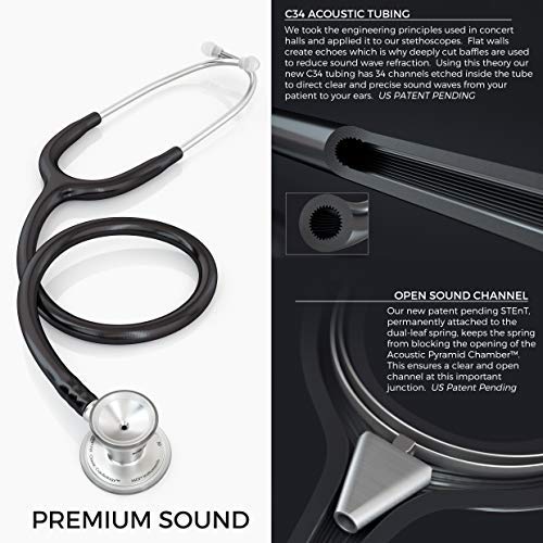 MDF Instruments, ProCardial Cardiology Stethoscope, Stainless Steel, Adult, Dual Head, Black Tube, Gold Chestpiece-Headset, MDF797K11