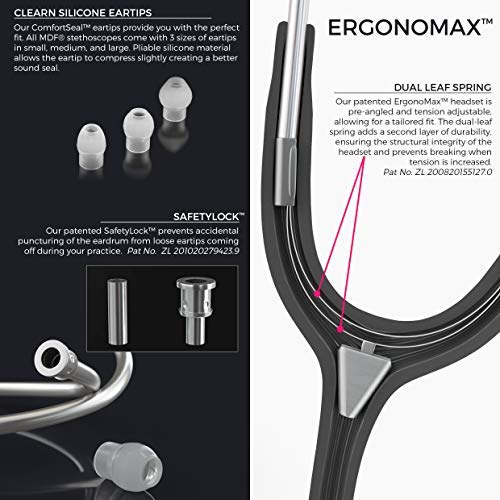 MDF Instruments, ProCardial Cardiology Stethoscope, Stainless Steel, Adult, Dual Head, Black Tube, Gold Chestpiece-Headset, MDF797K11