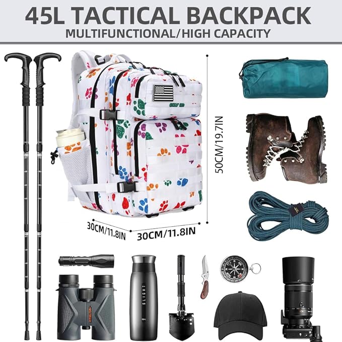 45L Tactical Assault Backpack 3 day assault pack with Molle Waterproof backpack Rucksack for Tactical Backpacks (Colorful paw prints)