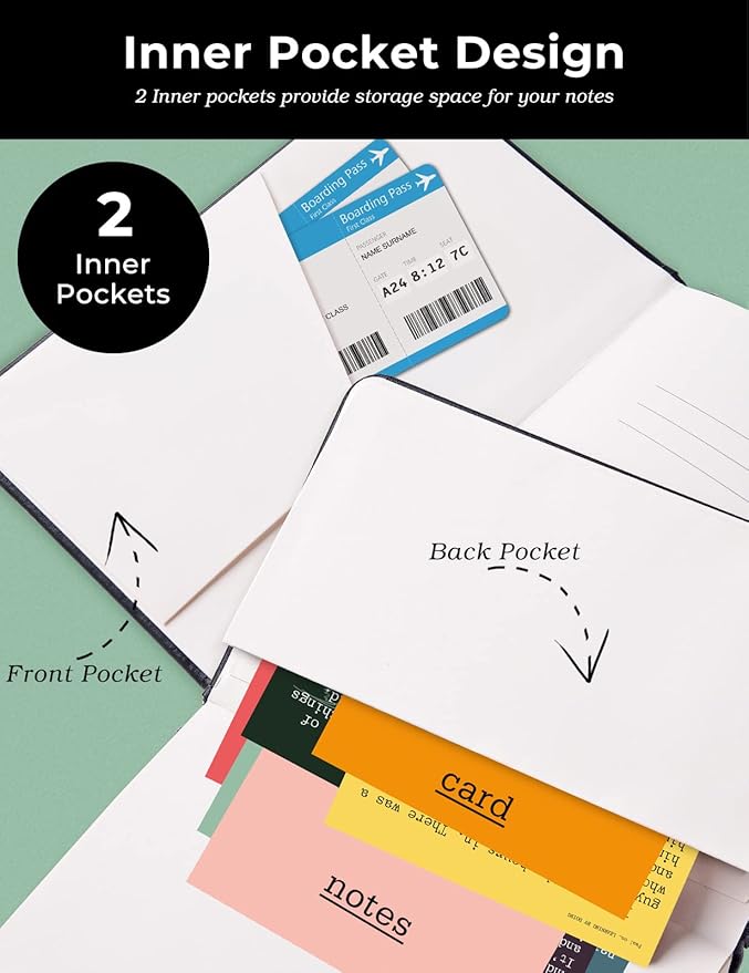 AISBUGUR Pocket Notebook Small Notebook 2-Pack, 3.5" x 5.5" Pocket Notebooks Hardcover with Thick Lined Paper, Inner Pockets, Cover Letter Embossing Design Mini Journal Notepad Black Leather