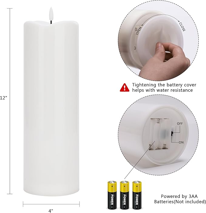 4" x12" Outdoor Flameless Candles Waterproof, Large Battery Operated Candles with Remote, Plastic Flickering Fake Pillar Candles for Garden Patio Porch Home Party, White 1Pack