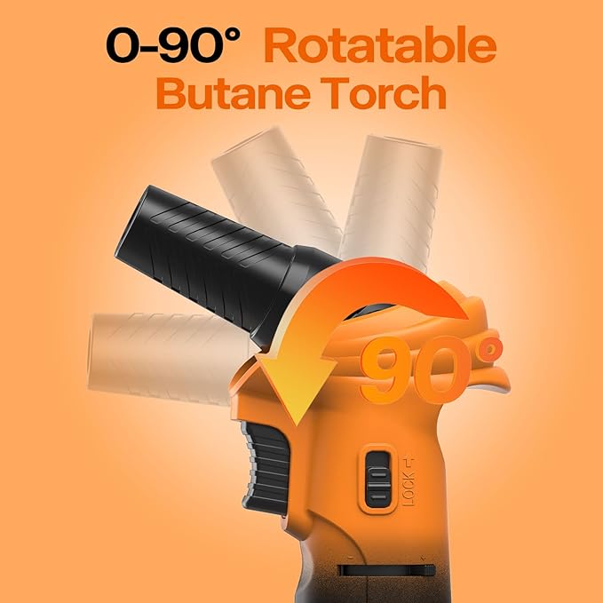 Butane Torch Lighter, 0-90°Rotating Angle Butane Lighter, Refillable Kitchen Torch with Safety Lock, Adjustable Flame for Soldering (Orange and Black)