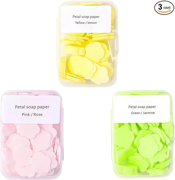 3 Boxes 300Pcs Portable Hand Washing Soap Sheets, Different Scented Mini Petal Hand Wash Soap Sheets, Disposable Soluble Soap for Outdoor Travel, Camping, Hiking