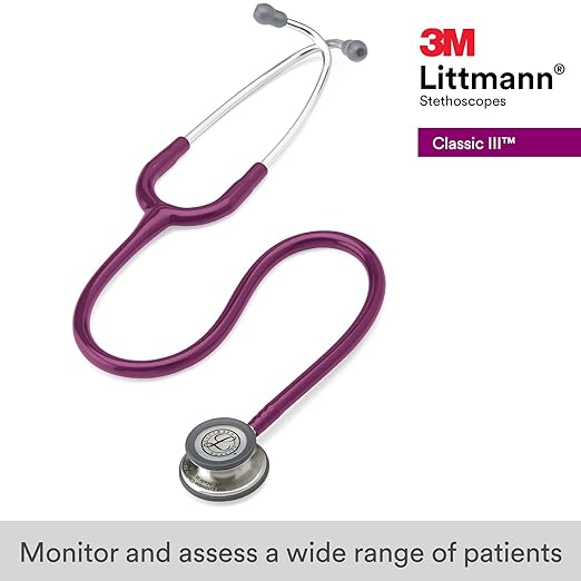 3M Littmann Classic III Monitoring Stethoscope, 5831, More Than 2X as Loud, Weighs Less, Stainless Steel Chestpiece, 27" Plum Tube