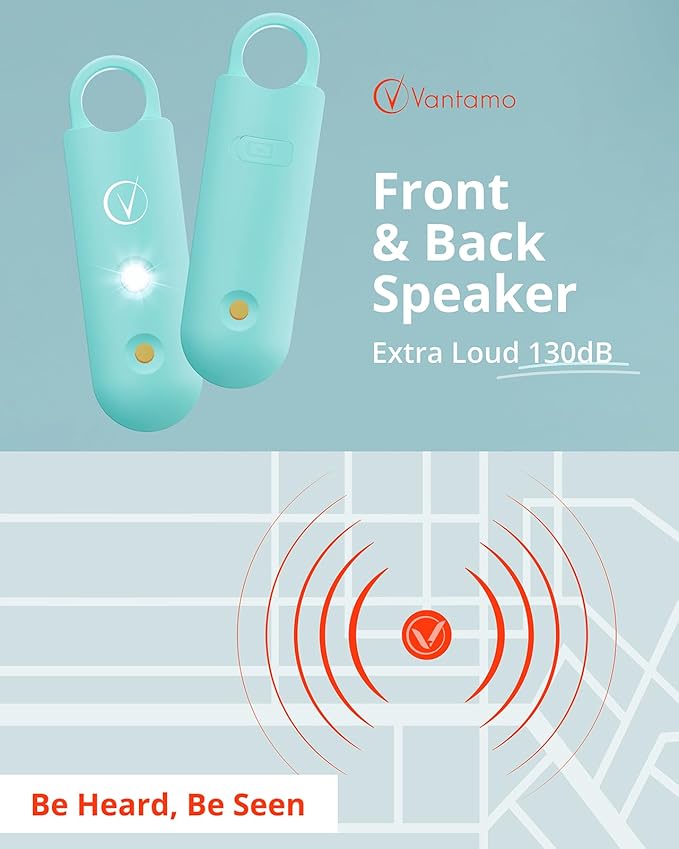 Vantamo Personal Alarm for Self Defense with Low Battery Notice, Strobe Light & Extra Loud 130 dB Double Speakers Safety Keychain Set for Women, Rechargeable Panic Button for Womens Self Defense