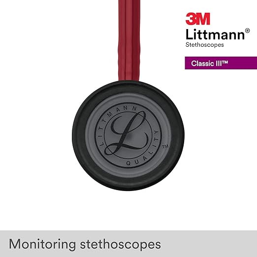 3M Littmann Classic III Monitoring Stethoscope, 5868, More Than 2X as Loud, Weighs Less, Stainless Steel Black-Finish Chestpiece, 27" Burgundy Tube, Black Stem and Headset