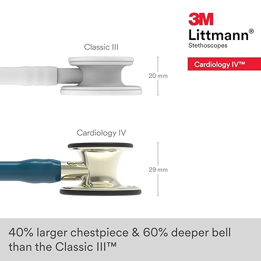 3M Littmann Cardiology IV Diagnostic Stethoscope, 6190, More Than 2X as Loud, Weighs Less, Stainless Steel Champagne-Finish Chestpiece and Stem, 27" Caribbean Blue Tube, Black Headset