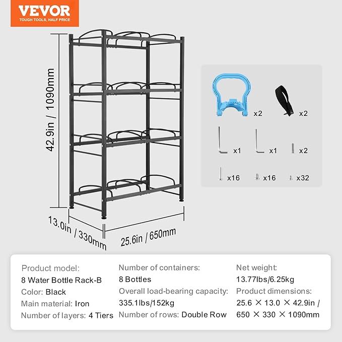 VEVOR 5 Gallon Water Jug Holder, 4 Tiers Double Row Heavy Duty Water Bottle Rack with 8 Slots, Detachable Water Jug Stand for Kitchen, Office, Living Room- Black