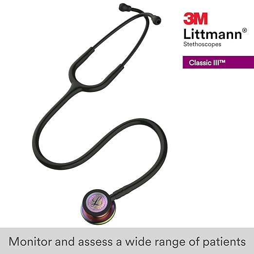 3M Littmann Classic III Monitoring Stethoscope, 5870, More Than 2X as Loud, Weighs Less, Stainless Steel Rainbow-Finish Chestpiece, 27" Black Tube, Stem and Headset