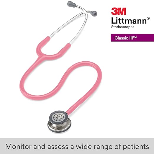 3M Littmann Classic III Monitoring Stethoscope, 5633, More Than 2X as Loud, Weighs Less, Stainless Steel Chestpiece, 27" Pearl Pink Tube