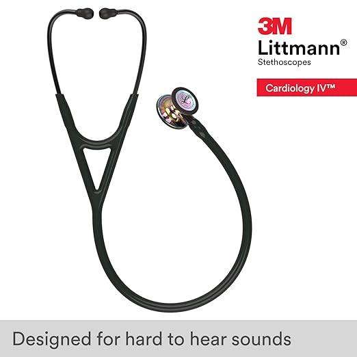 3M Littmann Cardiology IV Diagnostic Stethoscope, 6240, More Than 2X as Loud, Weighs Less, Stainless Steel High Polish Rainbow-Finish Chestpiece, 27" Black Tube, Smoke Stem, and Headset