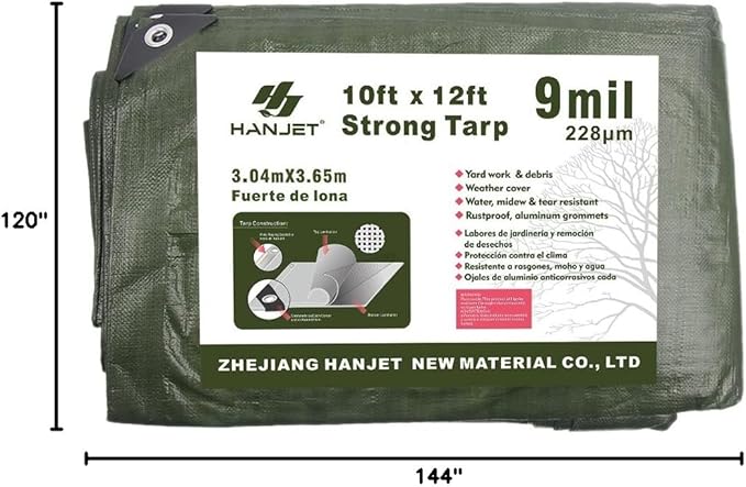 Waterproof 10 x 12 Feet Tarp Heavy Duty 9-mil Thick Multi-Purpose Covers Army Green PE Tarpaulin