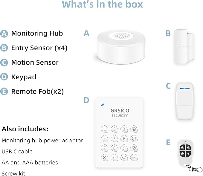 WiFi Alarm System, Smart Home Alarm System Wireless 9 Piece-kit, DIY Alarm System, Door Window Sensor, Motion Sensor, Remote, Keypad, Work with Alexa, for House, Apartment Security by GRSICO 2nd Gen