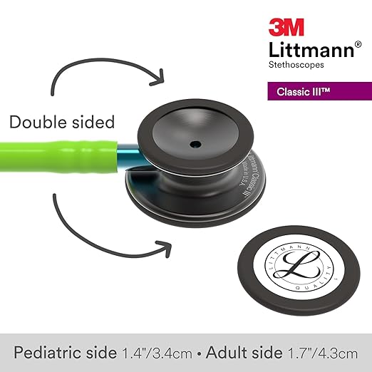 3M Littmann Classic III Monitoring Stethoscope, 5875, More Than 2X as Loud, Weighs Less, Stainless Steel Smoke-Finish Chestpiece, 27" Lime Green Tube, Blue Stem, and Smoke Headset