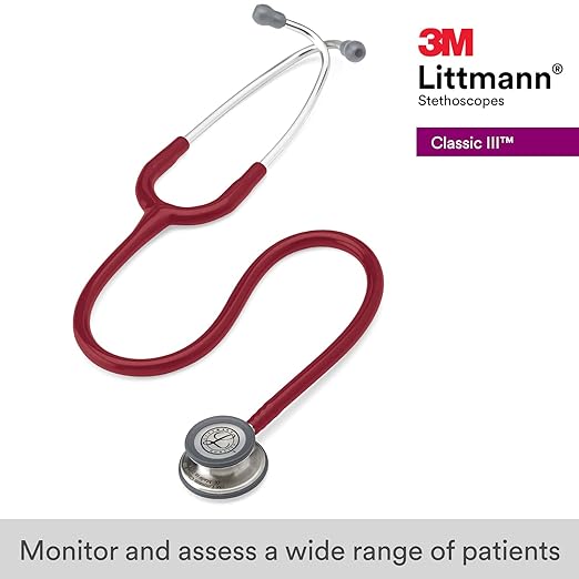 3M Littmann Classic III Monitoring Stethoscope, 5627, More Than 2X as Loud, Weighs Less, Stainless Steel Chestpiece, 27" Burgundy Tube