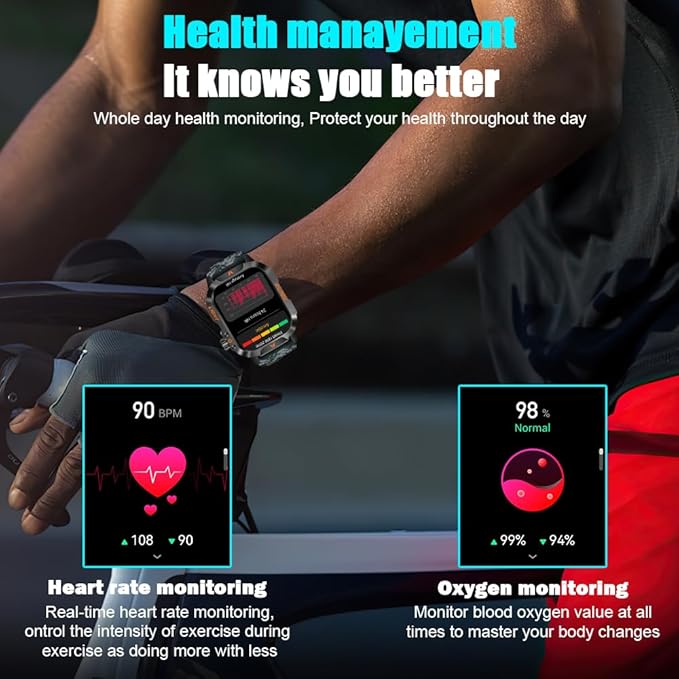 QTLLBT Men's Military Smart Watch HD Compass Altimeter Barometer Fitness Tracker Sports Watch Pedometer Mountaineering Watch Sleep Monitoring Function Men's and Women's Watches