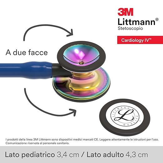 3M Littmann Cardiology IV Diagnostic Stethoscope, 6242, More Than 2X as Loud, Weighs Less, Stainless Steel High Polish Rainbow Chestpiece, 27" Navy Blue Tube, Black Stem, and Headset