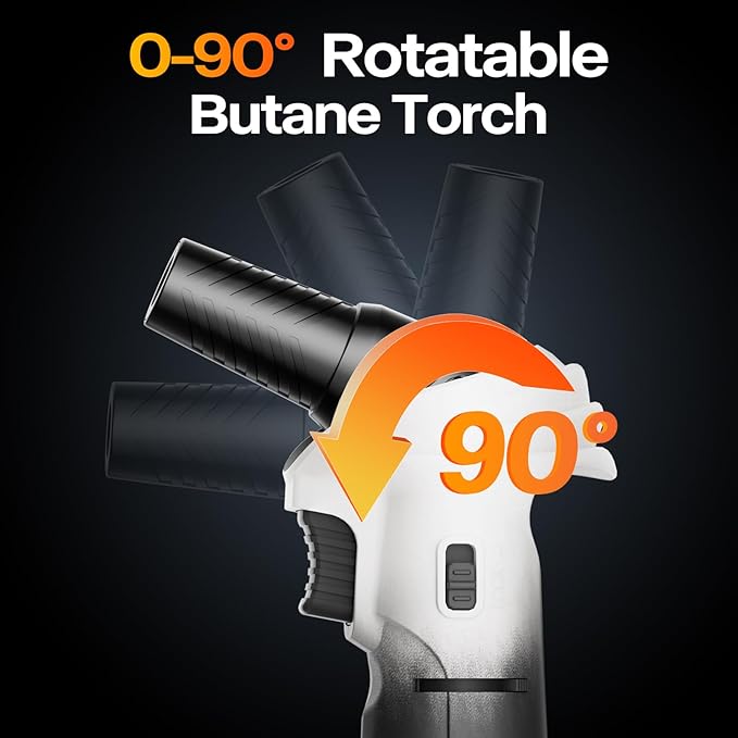 Butane Torch Lighter with Butane Included, 115Ml Butane Refill, 0-90°Rotating Angle Kitchen Torch, Refillable Creme Brulee Torch with Safety Lock, Adjustable Flame for Soldering, Cooking.