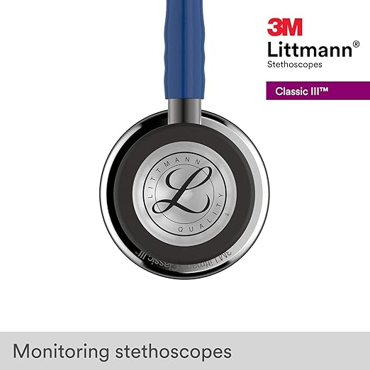 3M Littmann Classic III Monitoring Stethoscope, 5863, More Than 2X as Loud, Weighs Less, Stainless Steel Mirror-Finish Chestpiece, 27" Navy Blue Tube, Smoke Stem, and Headset