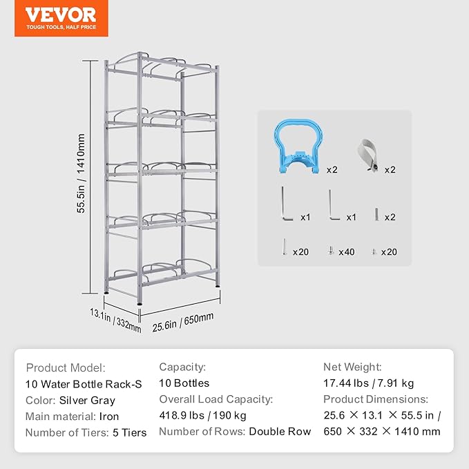 VEVOR 5 Gallon Water Jug Holder, 5 Tiers Double Row Heavy Duty Water Bottle Rack with 10 Slots, Detachable Water Jug Stand for Kitchen, Office, Living Room- Silver