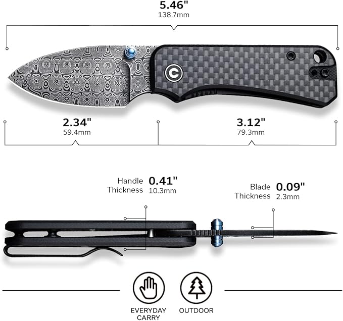 CIVIVI Small Pocket Knife for EDC, Ben Petersen Folding Knife Baby Banter with 2.34" Damascus Blade Carbon Fiber Overlay on G10 Handle, Titanium Thumb Stud Opener C19068S-DS1