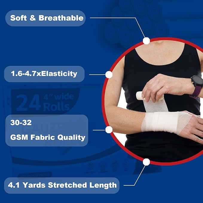 24 Pack Gauze Rolls Bandages 4 ” x 4.1 yd Premium Quality Lint and Latex-Free Conforming Stretch Designed for Wound Care for Wound Dressing Support(Ideal for Home and car First aid Kits)
