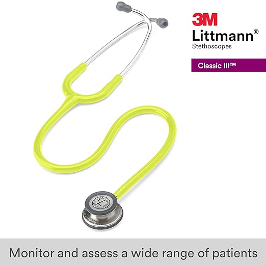 3M Littmann Classic III Monitoring Stethoscope, 5839, More Than 2X as Loud, Weighs Less, Stainless Steel Chestpiece, 27" Lemon-Lime Tube
