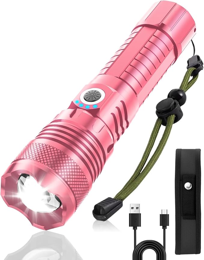 Victoper Pink LED Flashlights, High Powered High Lumens Super Bright Tactical Flashlight, Rechargeable, 5 Modes Zoomable Waterproof Flash Lights for Emergency, Home, Camping, Hiking
