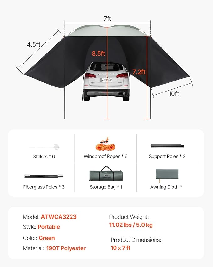 VEVOR Versatility Camping Tent - Moonshade Awning Auto Canopy with UV50+ Protection & PU3000mm Water Resistance, Ideal for Truck Bed, SUV, RV, Van, and Trailer Overlanding Gear, Tear-Resistant