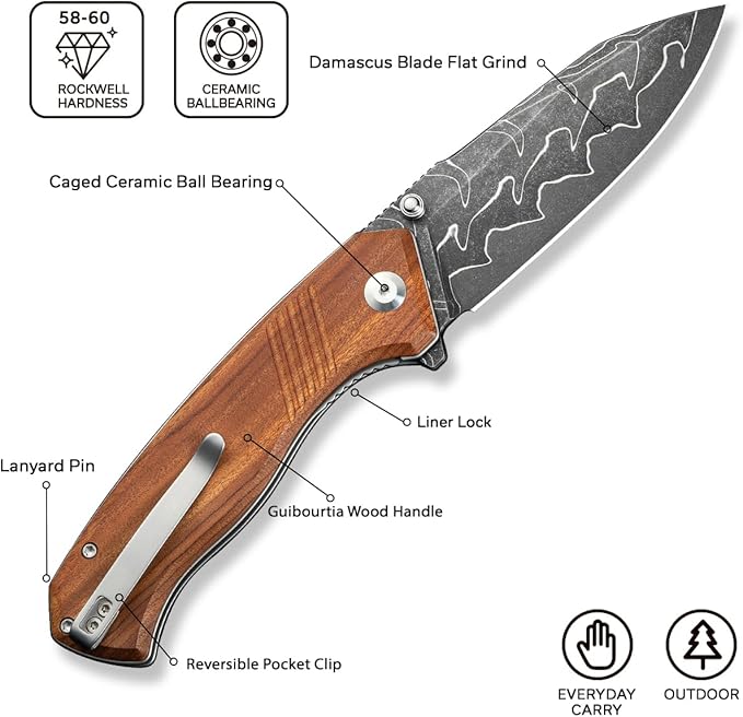 CIVIVI Placoid Pocket Knife for EDC, Folding Knife with 3.67" Damascus Blade Guibourtia Wood Handle For Men Women Gift C23079-DS1