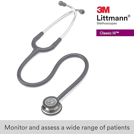3M Littmann Classic III Monitoring Stethoscope, 5621, More Than 2X as Loud, Weighs Less, Stainless Steel Chestpiece, 27" Grey Tube