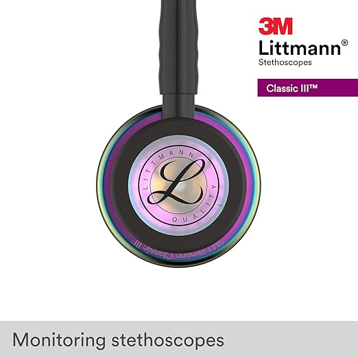 3M Littmann Classic III Monitoring Stethoscope, 5870, More Than 2X as Loud, Weighs Less, Stainless Steel Rainbow-Finish Chestpiece, 27" Black Tube, Stem and Headset