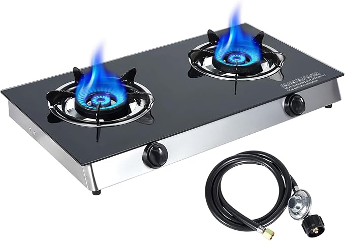 2 Burner Propane Gas Cooktop, Portable Tempered Glass Double Burner Stove with Auto Ignition, 19,000 BTU, CSA Certified Regulator & Hose, Outdoor Camping RV BBQ Kitchen LPG Gas Stove