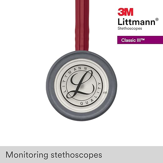 3M Littmann Classic III Monitoring Stethoscope, 5627, More Than 2X as Loud, Weighs Less, Stainless Steel Chestpiece, 27" Burgundy Tube