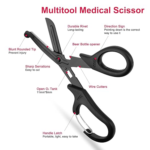 2 Pack Medical Scissors Trauma Shears, 7.5 Inches Stainless Steel Bandage Scissors with Carabiner, Fluoride Coated Surgical Scissors for Nurses, Doctors, Nursing Students, EMT and EMS (Black)