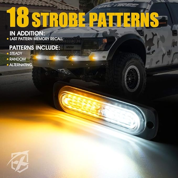 Xprite Amber/White 12 LED Emergency Strobe Lights Kit Surface Flush Mount Side Marker Grill Grille Hazard Warning Flashing Light Head for Off-Road Vehicles ATV Trucks Cars - 4Pcs