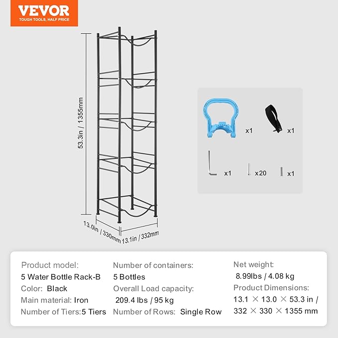 VEVOR 5 Tiers Water Jug Holder, 5 Gallon Water Bottle Holder, Single Row Water Bottle Rack for 5 Bottles, Heavy Duty Water Jug Rack for Kitchen, Office, Living Room, Black