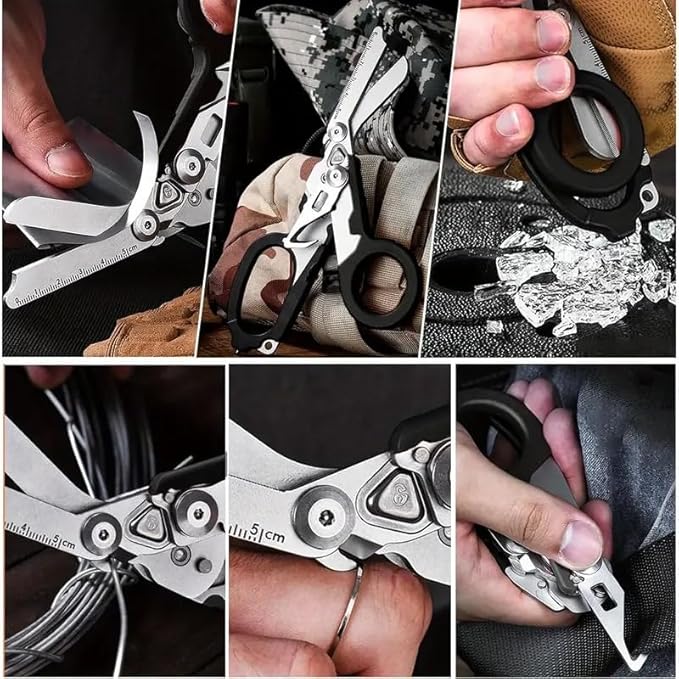 6 in 1 trauma shears, folding emergency shear, Outdoor Camping Tools, Seat Belt Cutter, Oxygen Cylinder Wrench, Complimentary Adjustable Wrench (Electroplating Black Army Green)