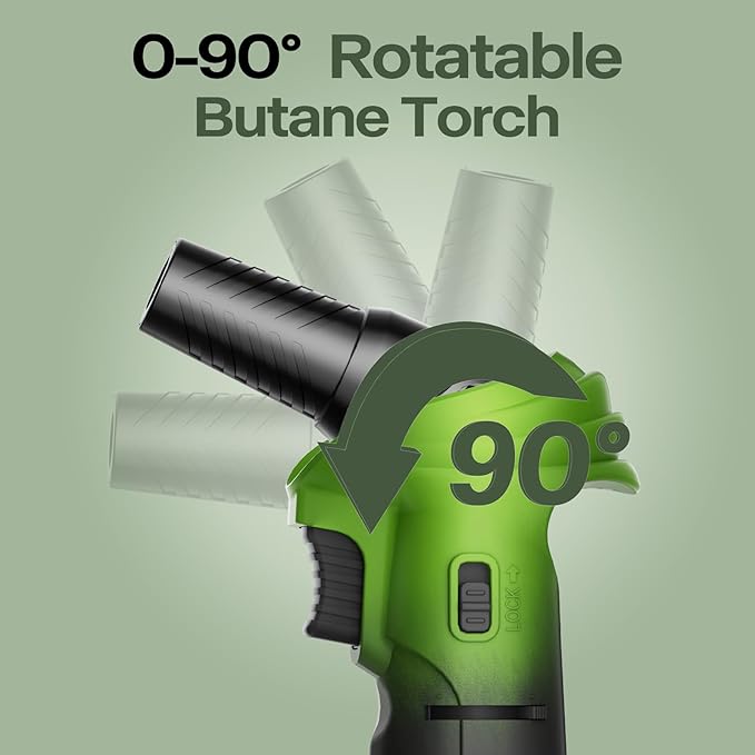 Butane Torch Lighter, 0-90°Rotating Angle Butane Lighter, Refillable Kitchen Torch with Safety Lock, Adjustable Flame for Soldering (Green and Black)