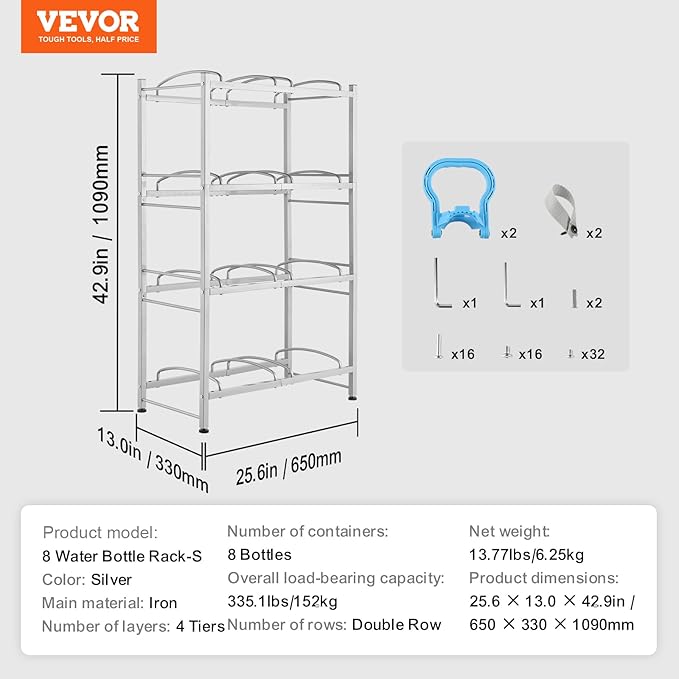 VEVOR 5 Gallon Water Jug Holder, 4 Tiers Double Row Heavy Duty Water Bottle Rack with 8 Slots, Detachable Water Jug Stand for Kitchen, Office, Living Room- Silver