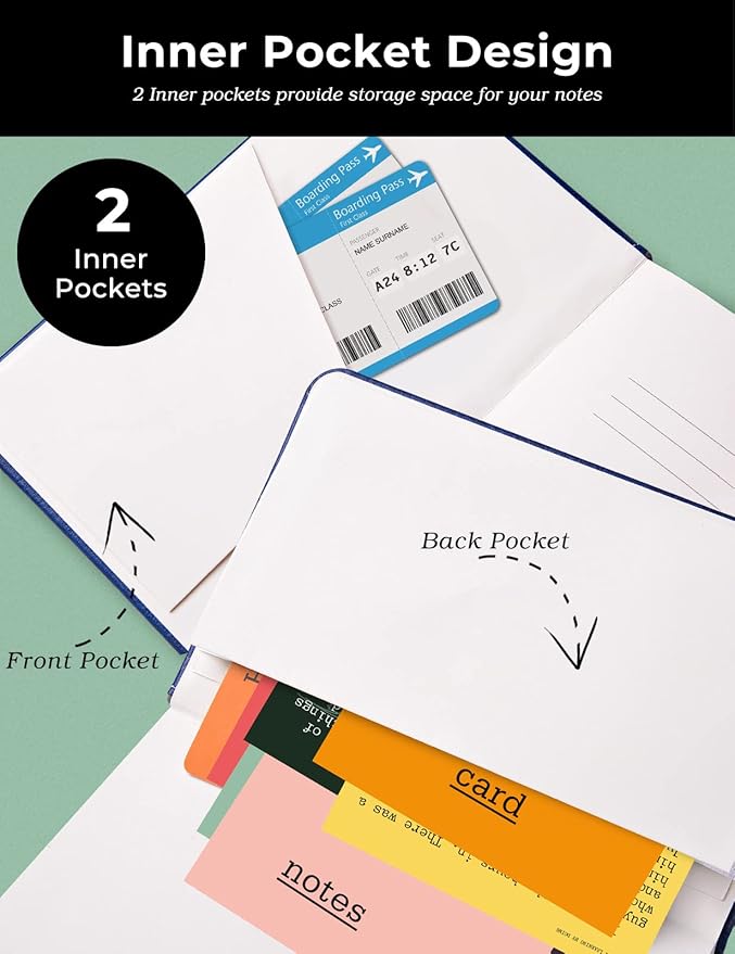 AISBUGUR Pocket Notebook Small Notebook 2-Pack, 3.5" x 5.5" Pocket Notebooks Hardcover with Thick Lined Paper, Inner Pockets, Cover Letter Embossing Design Mini Journal Notepad 1Black 1Blue Leather