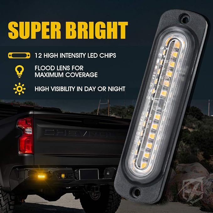 Xprite Amber 12 LED Emergency Strobe Lights Kit Surface Flush Mount Side Marker Grill Grille Hazard Warning Flashing Light Head for Off-Road Vehicles ATV Trucks Cars - 4Pcs