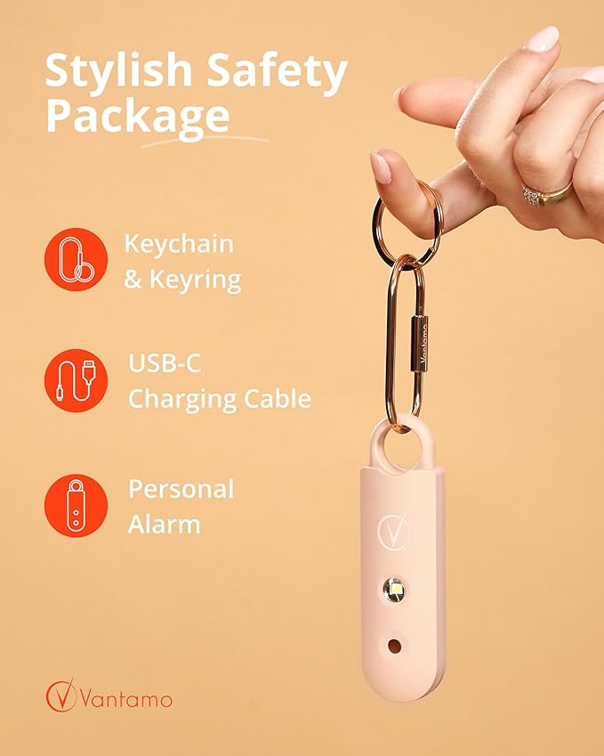 Vantamo Personal Alarm for Self Defense with Low Battery Notice, Strobe Light & Extra Loud 130 dB Double Speakers Safety Keychain Set for Women, Rechargeable Panic Button for Womens Self Defense