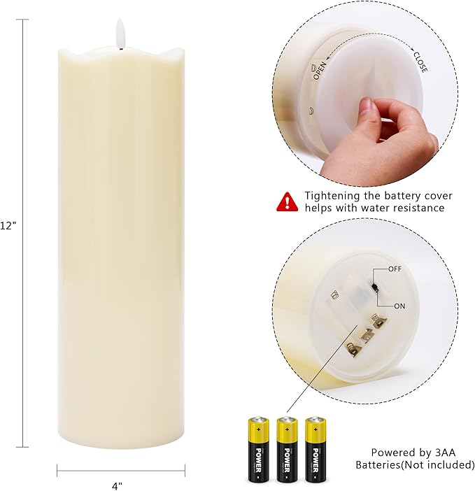 4" x12" Outdoor Waterproof Candles with Timer, Large Pillar Candles Battery Operated, Plastic Tall Flameless Candles for Garden Patio Porch Home Party, Ivory 1Pack