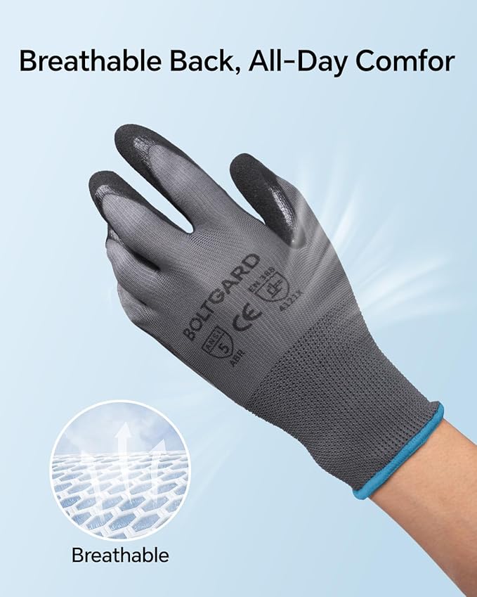 Work Gloves Men with Double Sandy Nitrile Coated Grip, Micro-Foam Nitrile for Mechanics, Construction, Warehouse